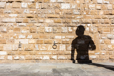 Rear view of man standing against brick wall