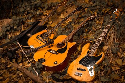 High angle view of abandoned guitars in forest