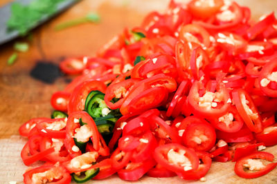 High angle view of red chili peppers