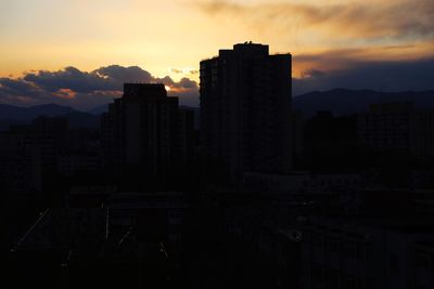 Buildings in city during sunset