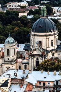 High angle view of buildings in city