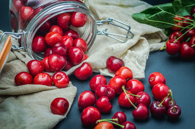 High angle view of cherries in container