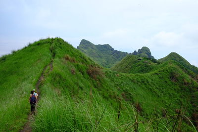 Man hiking on grassy landscape