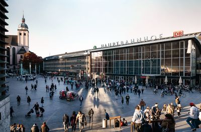 Group of people in city buildings