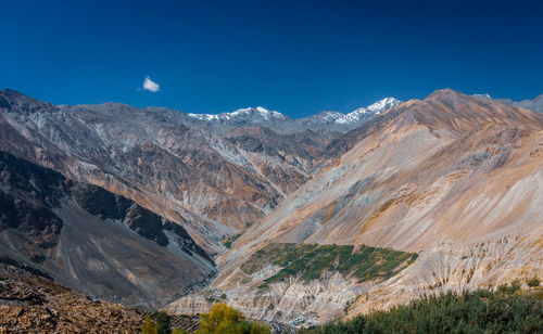 Scenic view of snowcapped mountains against blue sky