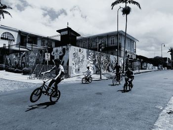 Bicycles against people in city