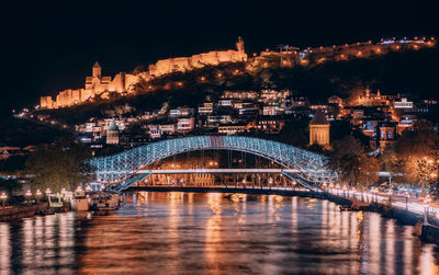 Bridge over river in city at night