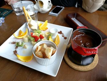 High angle view of breakfast served on table