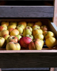 Close-up of apples in crate at market stall