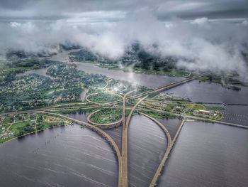 Aerial view of bridge over road