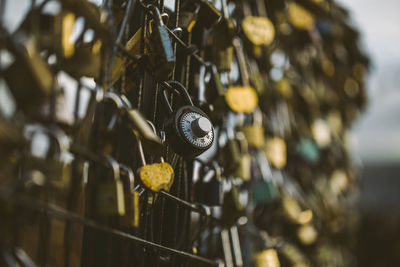 Close-up of padlocks hanging on metallic railing