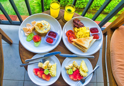 High angle view of breakfast served on table