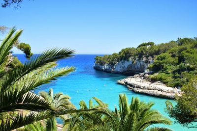 Scenic view of sea against clear blue sky