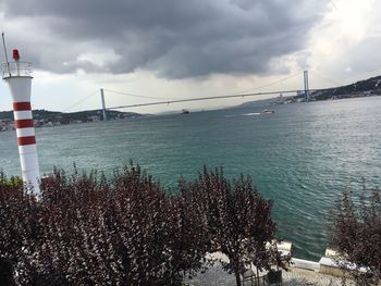 High angle view of suspension bridge over sea