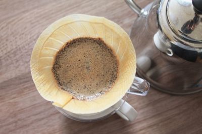 High angle view of coffee on table