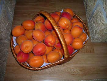 High angle view of tomatoes in basket on table