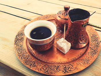 High angle view of coffee on table