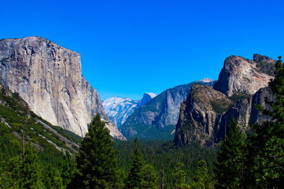 Scenic view of rocky mountains against clear blue sky