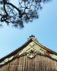 Low angle view of temple against clear blue sky