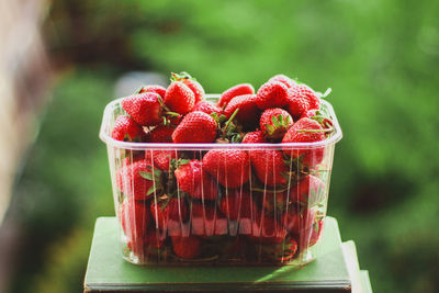 Close-up of strawberries in plastic container