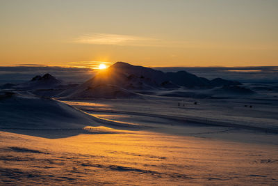 Scenic view of snowcapped landscape against sky during sunset