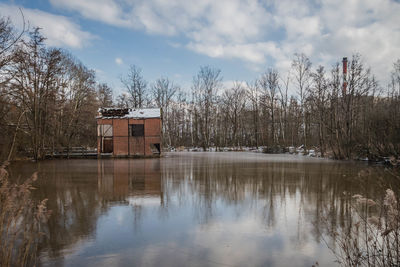 Scenic view of lake by building against sky