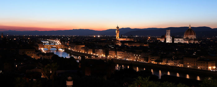 Illuminated cityscape against sky during sunset