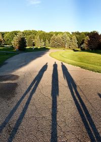 People shadows on road against sky