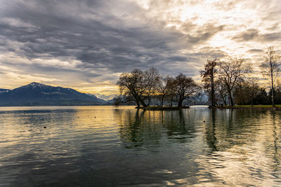 Scenic view of lake against sky during sunset at zugersee