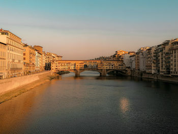 Bridge over river against buildings in city