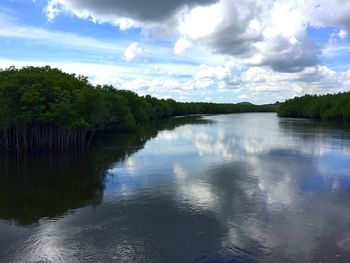 Scenic view of lake against cloudy sky