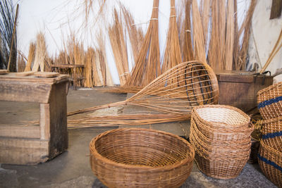 Stack of wicker basket for sale at market