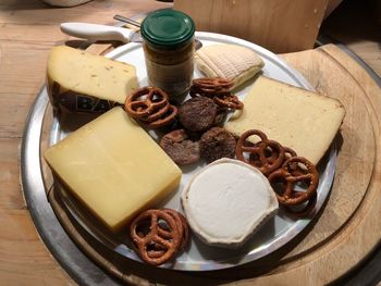 High angle view of food in plate on table