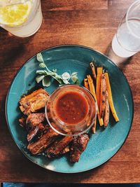 High angle view of food served on table