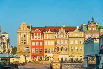 Residential buildings against clear blue sky