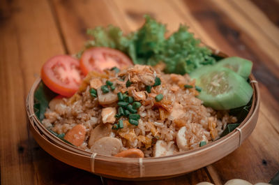 High angle view of food in bowl on table