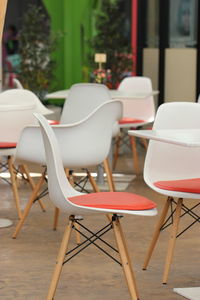 Empty chairs and table in restaurant