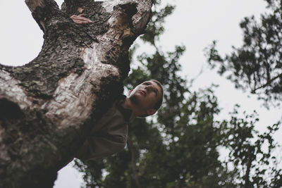 Low angle view of boy on tree trunk