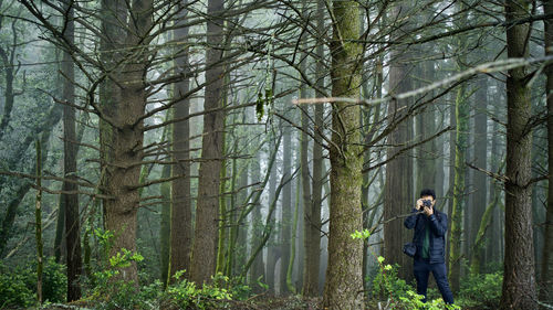 Young woman standing amidst trees in forest