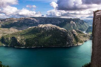 Preikestolen rock is a famous tourist attraction near stavanger, norway.