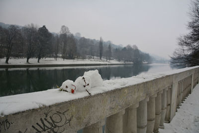 View of birds in lake during winter
