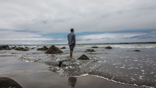 Rear view of man standing at beach against sky