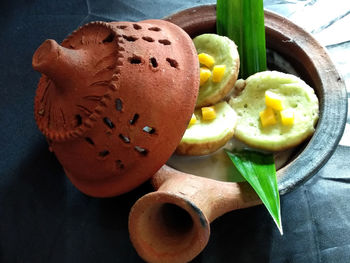 High angle view of breakfast on table