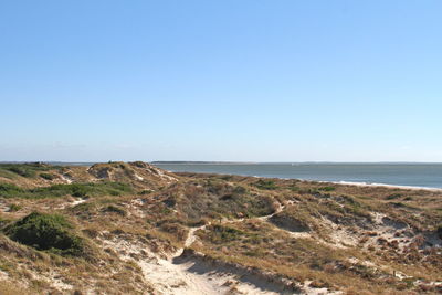 Scenic view of beach against clear blue sky