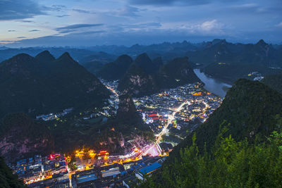 High angle scenic view of yangshuo and the river li