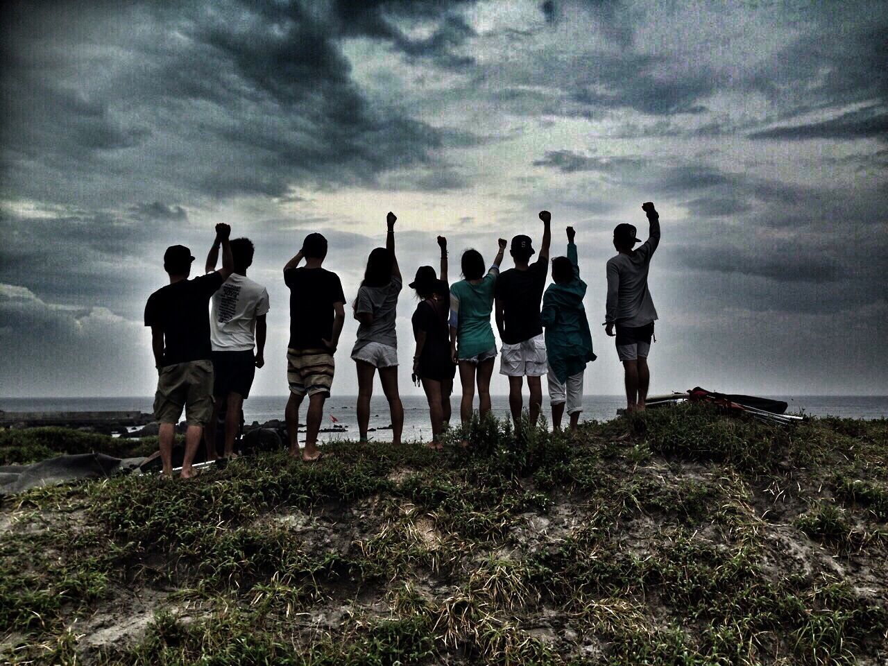 sky, cloud - sky, cloudy, standing, men, field, cloud, grass, togetherness, person, landscape, nature, outdoors, lifestyles, day, side by side, tranquility, leisure activity, scenics