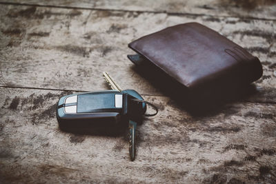 High angle view of toy car on table