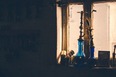 View of old glass window on table at home