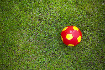High angle view of soccer ball on field