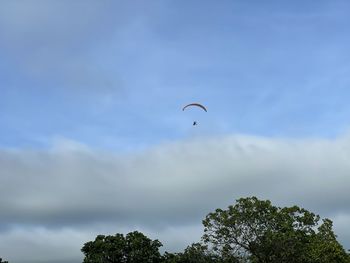 Low angle view of person paragliding against sky